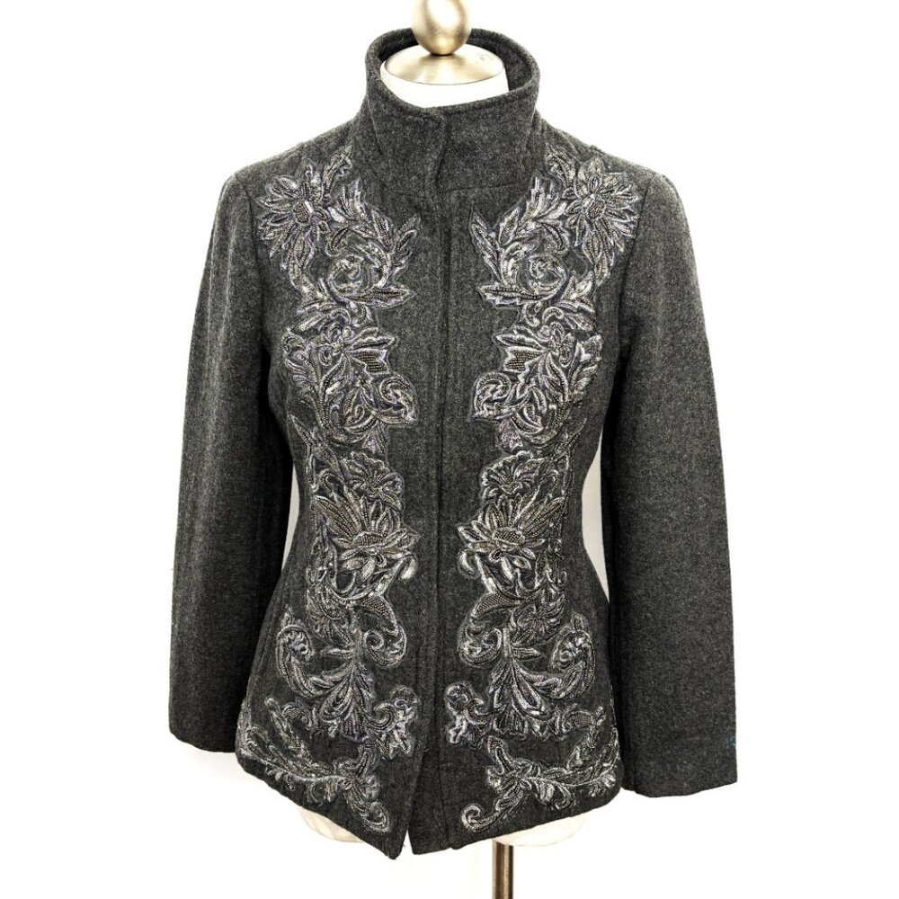 Chico's Grey Wool Blend Embroidered Beaded Silver Sequin Blazer Jacket Size 4/6